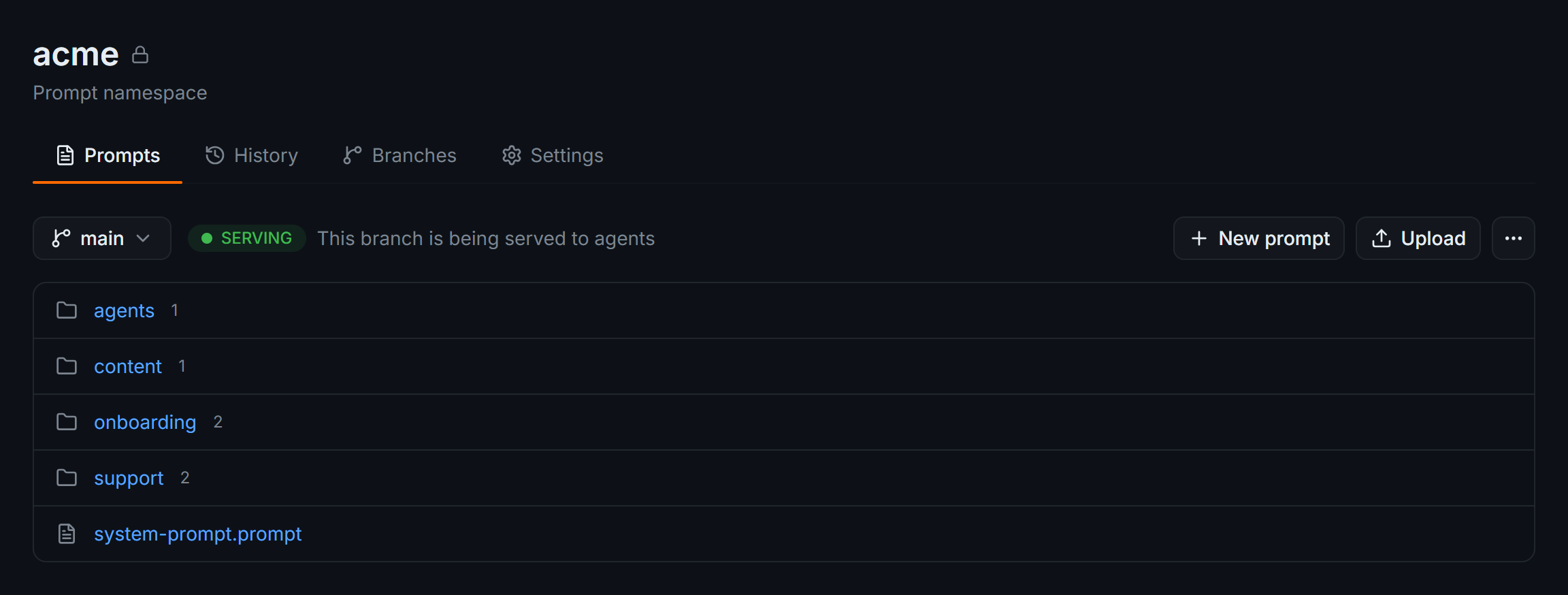 The acme namespace on branch main, marked Serving, with folders agents, content, onboarding, and support, and the file system-prompt.prompt.