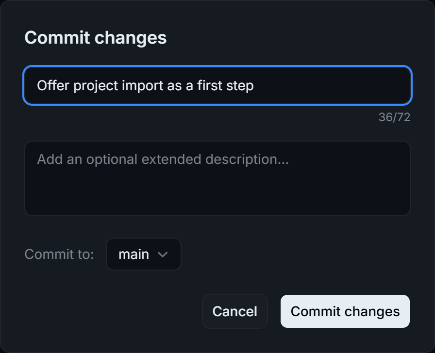 Commit changes dialog with the message "Offer project import as a first step", an empty description, and Commit to set to main.