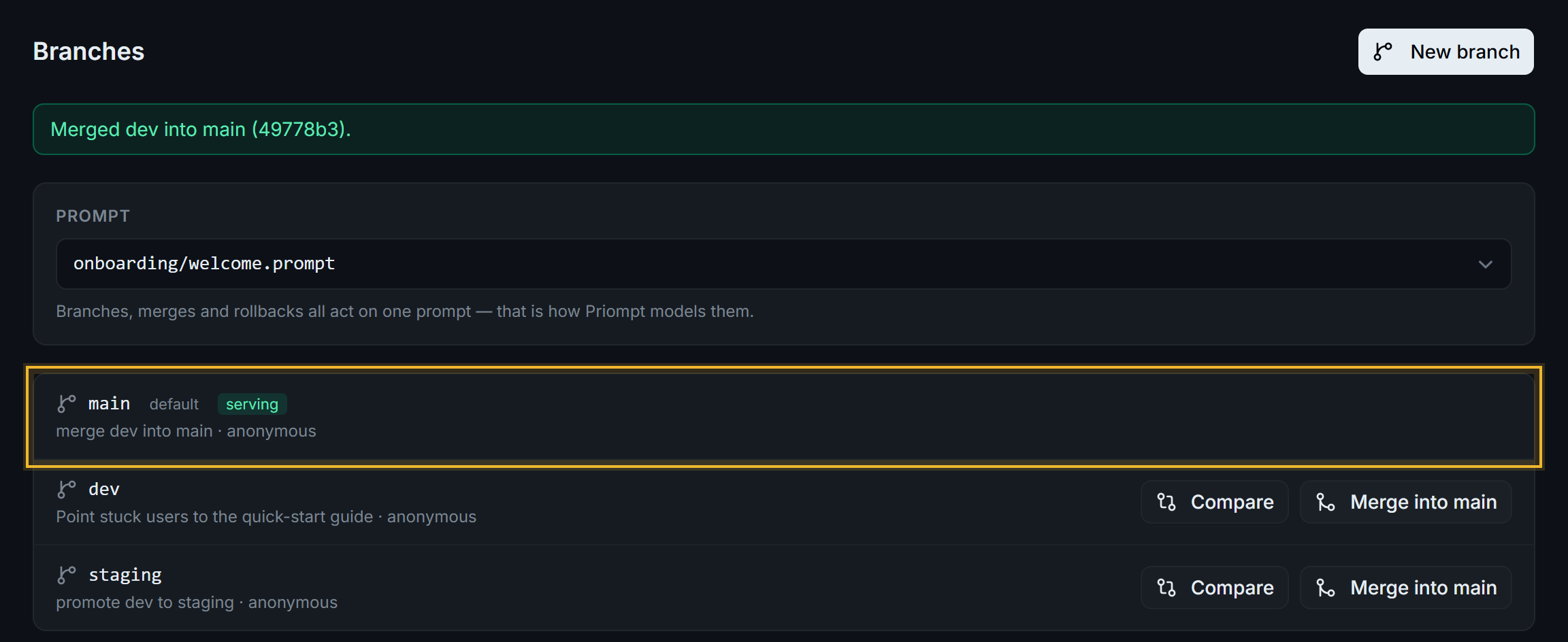 Branches view after merging: a green banner "Merged dev into main", and main highlighted with the latest commit "merge dev into main".