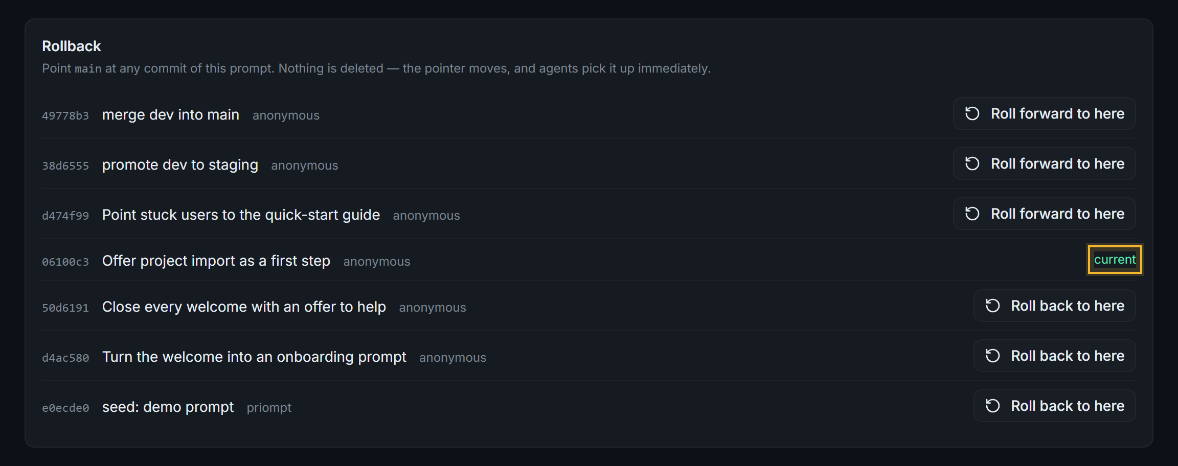 Rollback list after a rollback: commit 06100c3 marked current, Roll forward to here on the three newer commits (the merge, the promotion to staging, and the change from dev), and Roll back to here on the three older commits.